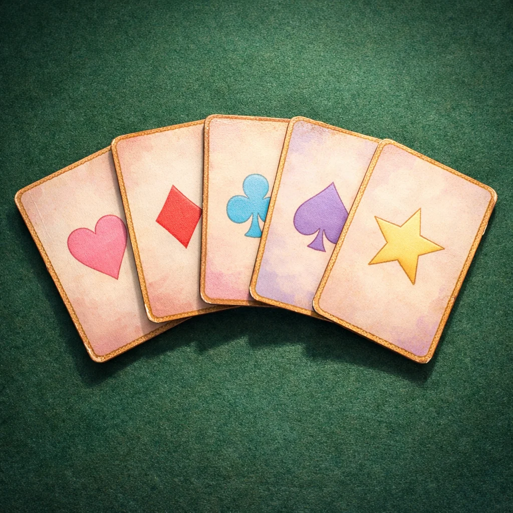 Zwevende speelkaarten boven pasteltafel in droomsfeer